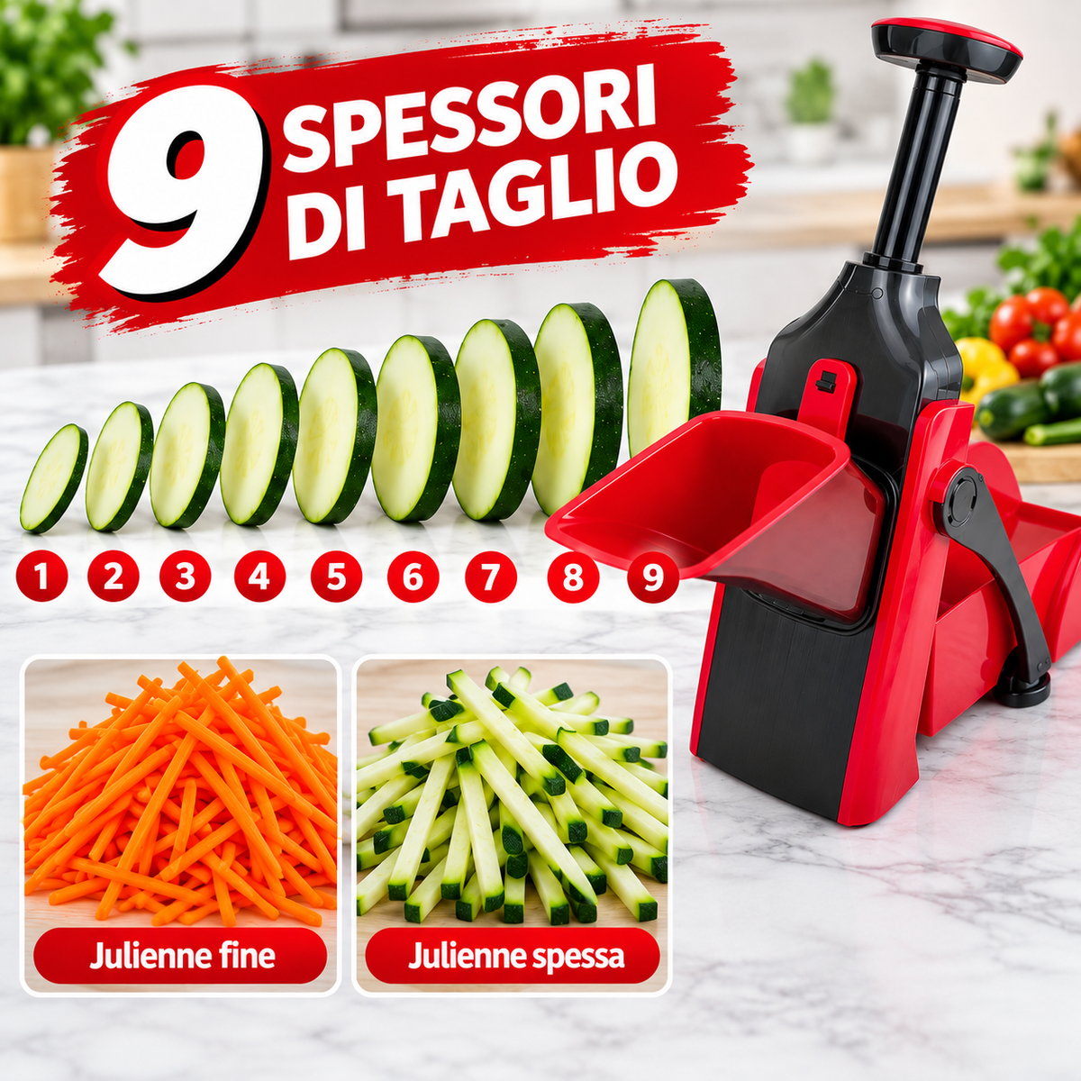 Affettaverdure Samurai Press & Vai – 9 Spessori, 2 Julienne, Lame Inox