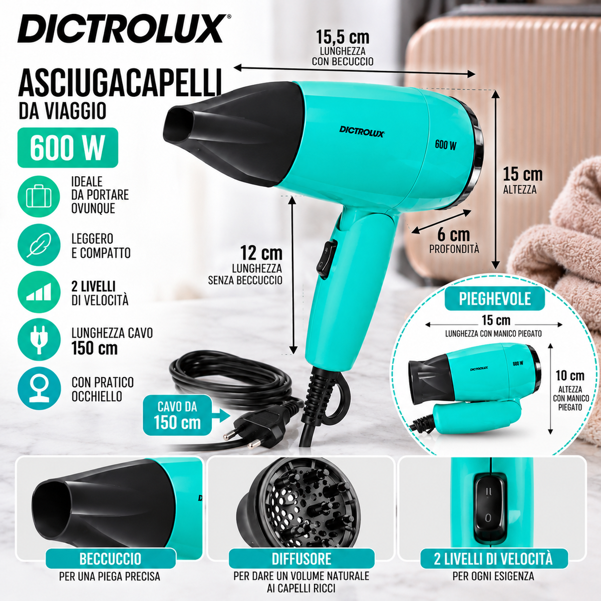 Asciugacapelli da Viaggio Dictrolux 600W