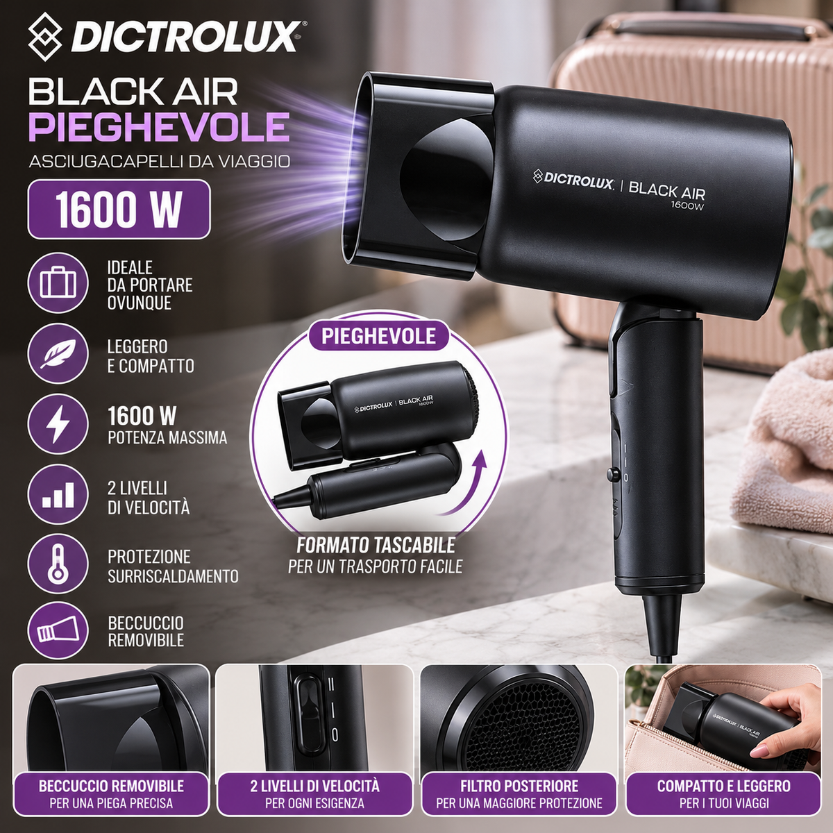 Asciugacapelli da Viaggio Dictrolux Black Air 1600W