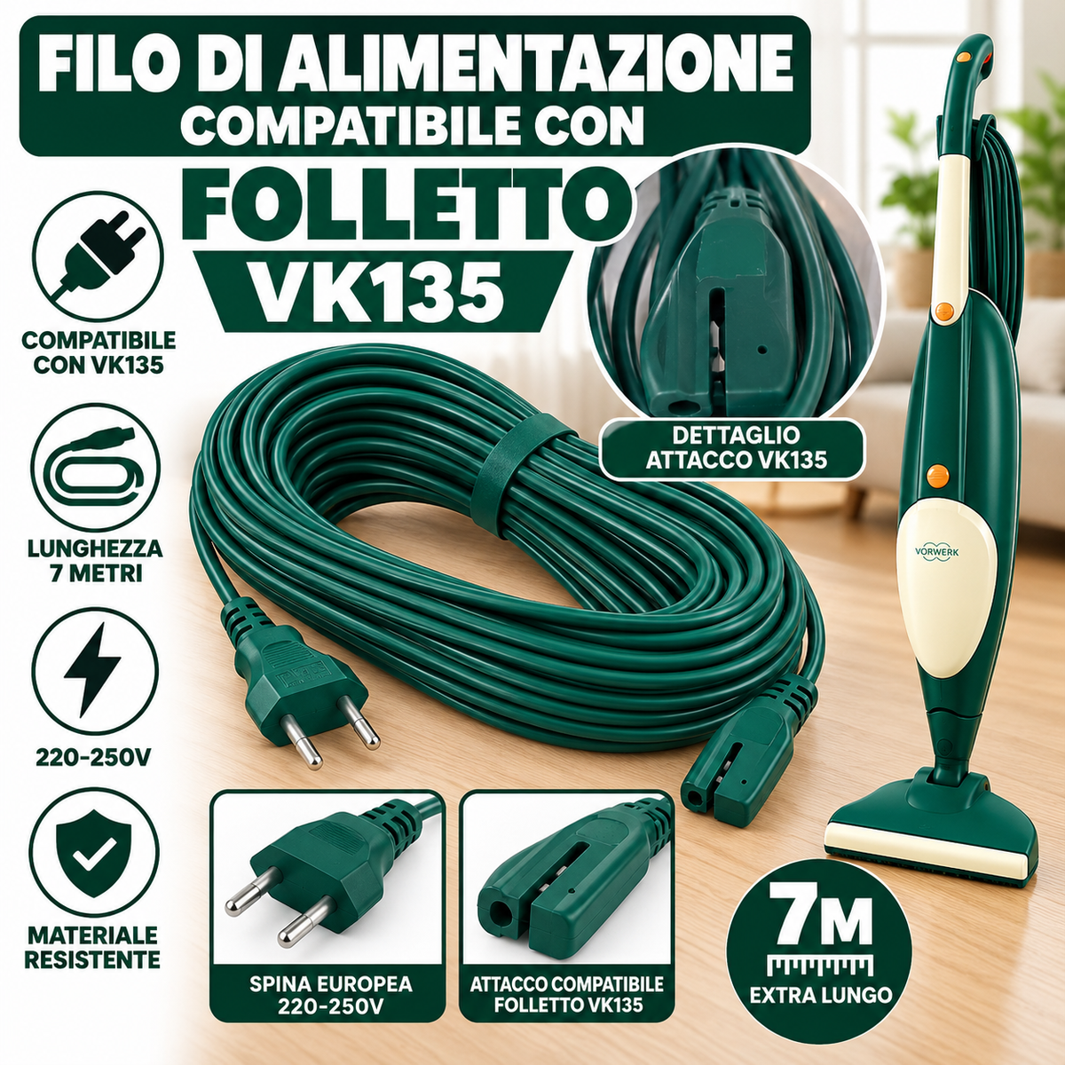 Cavi alimentazione compatibili con modelli folletto VK 130/135/140/150/200