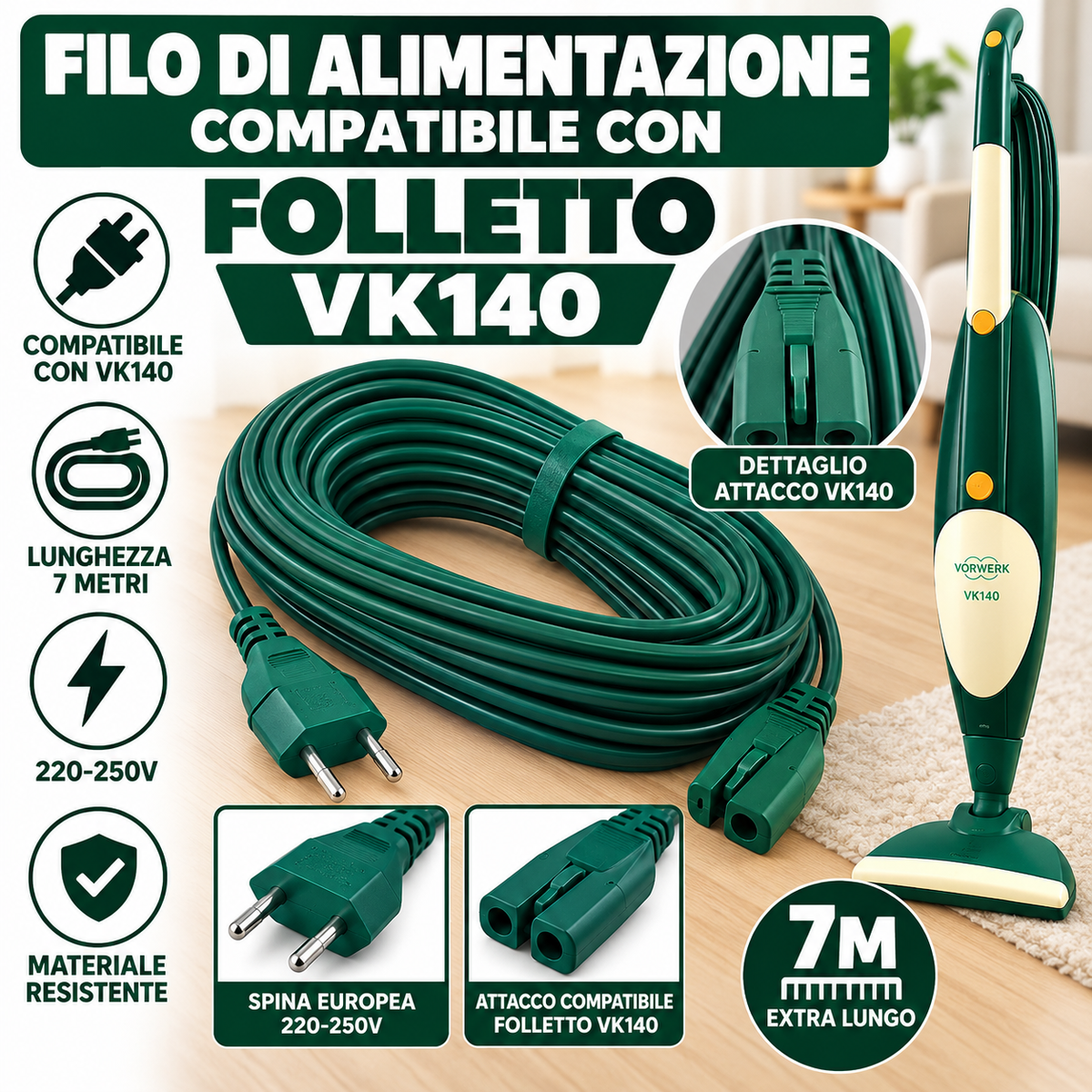 Cavi alimentazione compatibili con modelli folletto VK 130/135/140/150/200