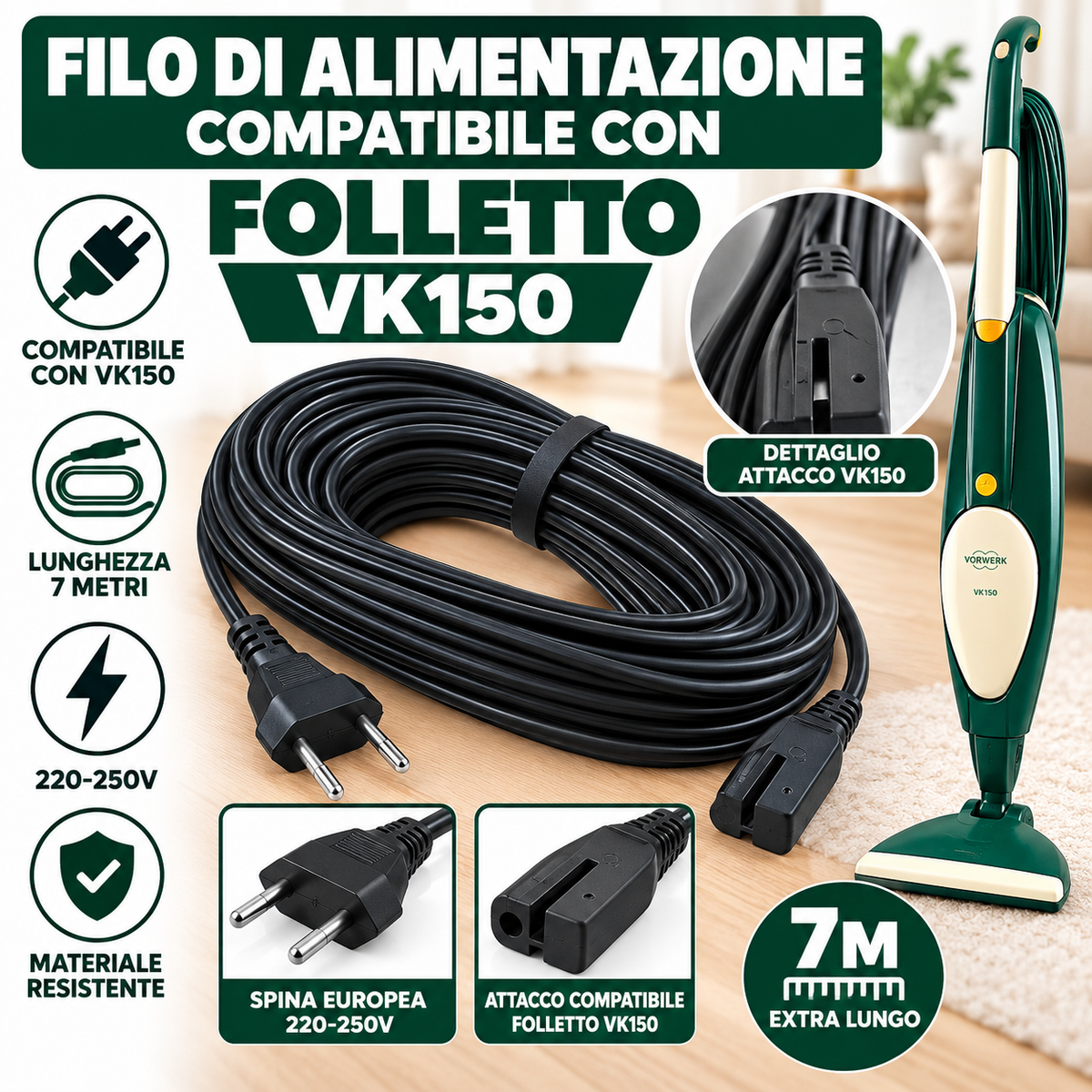 Cavi alimentazione compatibili con modelli folletto VK 130/135/140/150/200