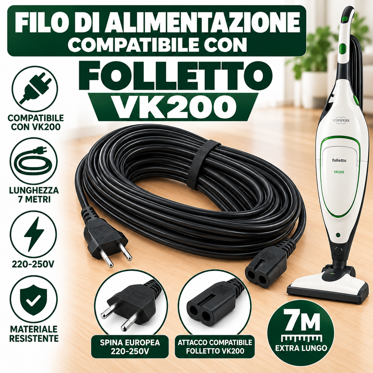 Cavi alimentazione compatibili con modelli folletto VK 130/135/140/150/200