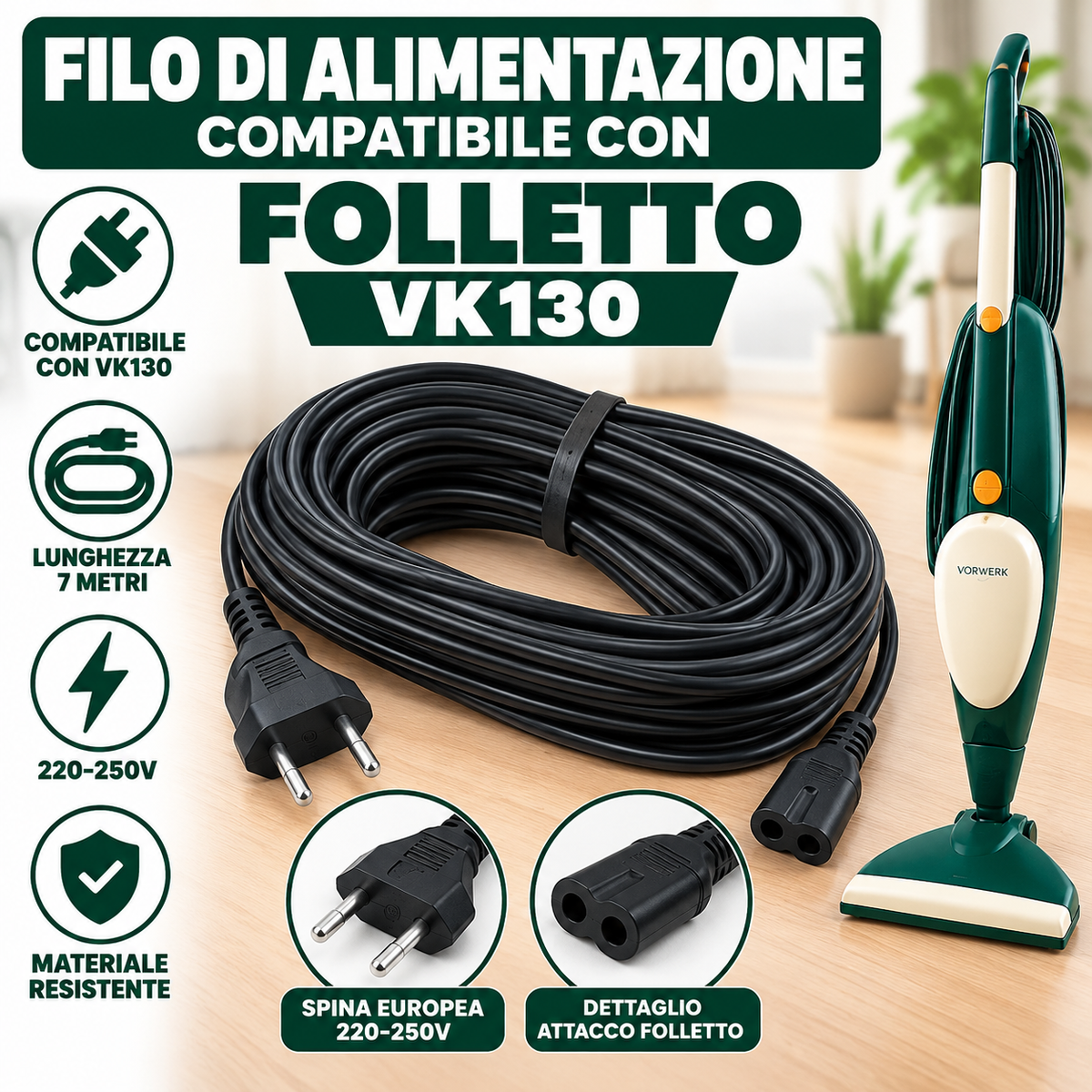Cavi alimentazione compatibili con modelli folletto VK 130/135/140/150/200