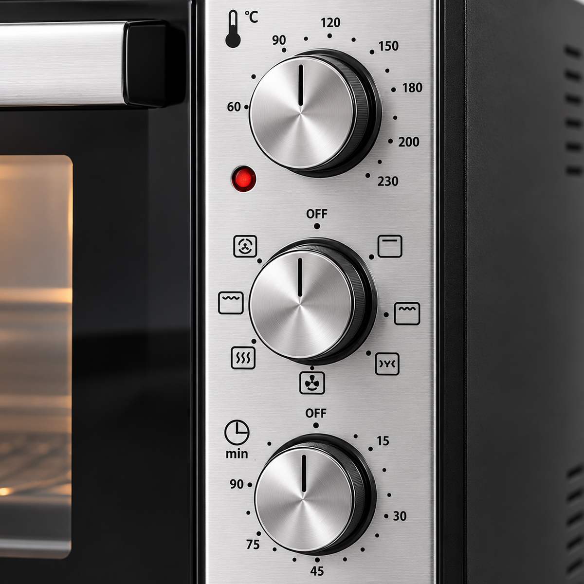 Forno Elettrico Kooper 80 Litri – 230°C, 4 Funzioni di Cottura, Timer 90 Minuti, Doppio Vetro, 3 Manopole e Accessori Inclusi