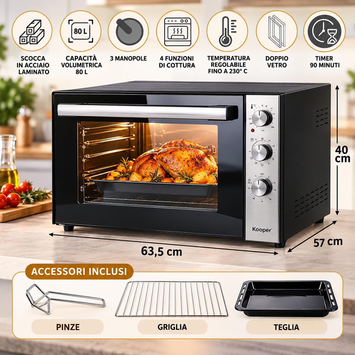 Forno Elettrico Kooper 80 Litri – 230°C, 4 Funzioni di Cottura, Timer 90 Minuti, Doppio Vetro, 3 Manopole e Accessori Inclusi