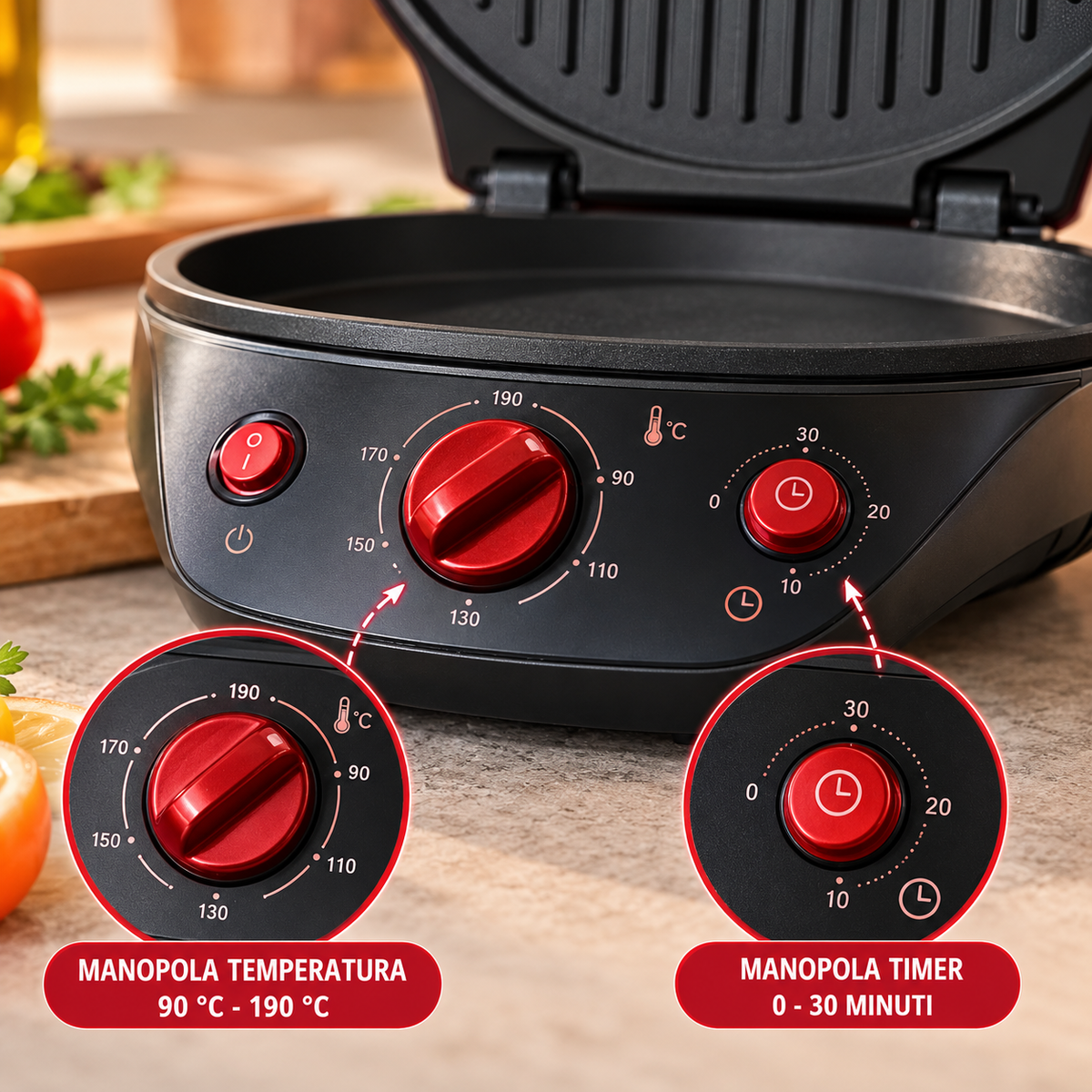 Forno Pizza Elettrico Multifunzione 2 in 1 – Doppia Piastra Antiaderente Liscia e Grill, Apertura 180°, Timer 30 Minuti, 32x41 cm