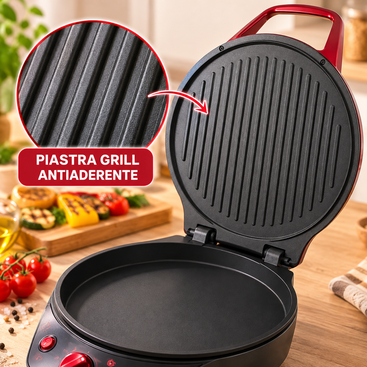 Forno Pizza Elettrico Multifunzione 2 in 1 – Doppia Piastra Antiaderente Liscia e Grill, Apertura 180°, Timer 30 Minuti, 32x41 cm