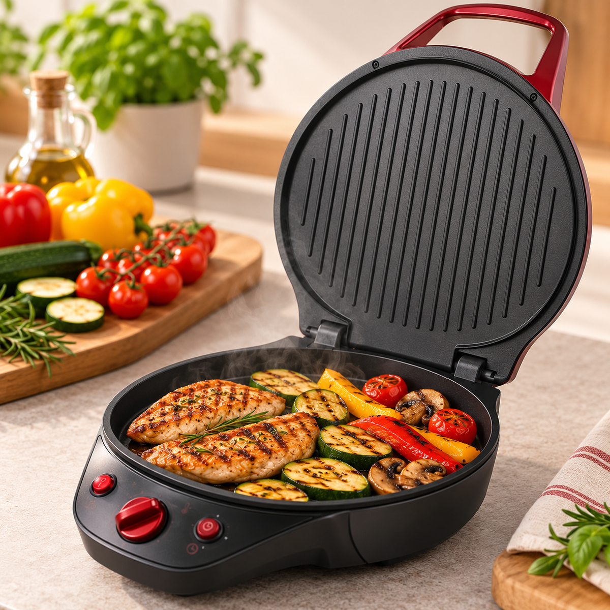 Forno Pizza Elettrico Multifunzione 2 in 1 – Doppia Piastra Antiaderente Liscia e Grill, Apertura 180°, Timer 30 Minuti, 32x41 cm