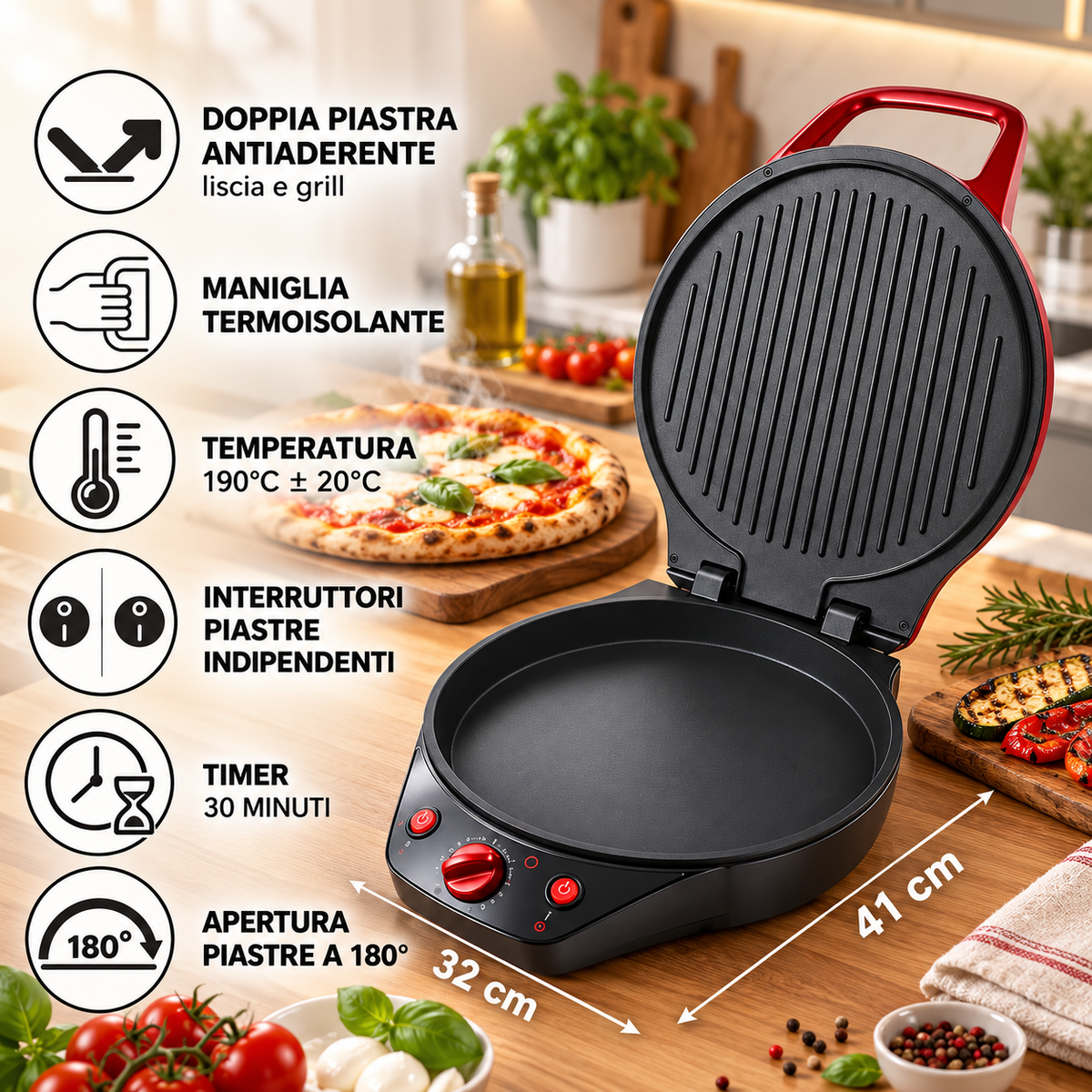 Forno Pizza Elettrico Multifunzione 2 in 1 – Doppia Piastra Antiaderente Liscia e Grill, Apertura 180°, Timer 30 Minuti, 32x41 cm