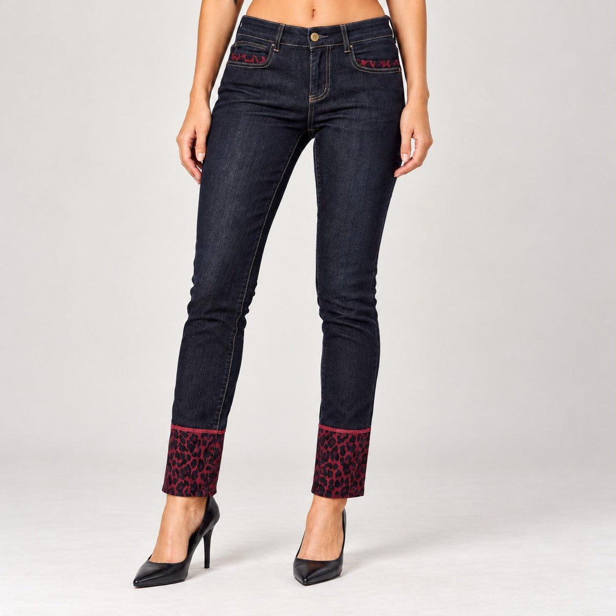 Jeans skinny con fascia maculato