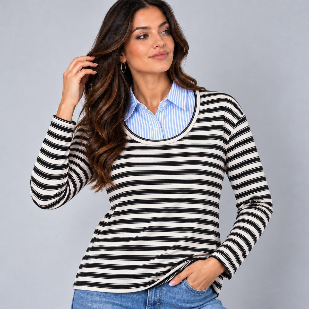 Maglia a righe con colletto camicia