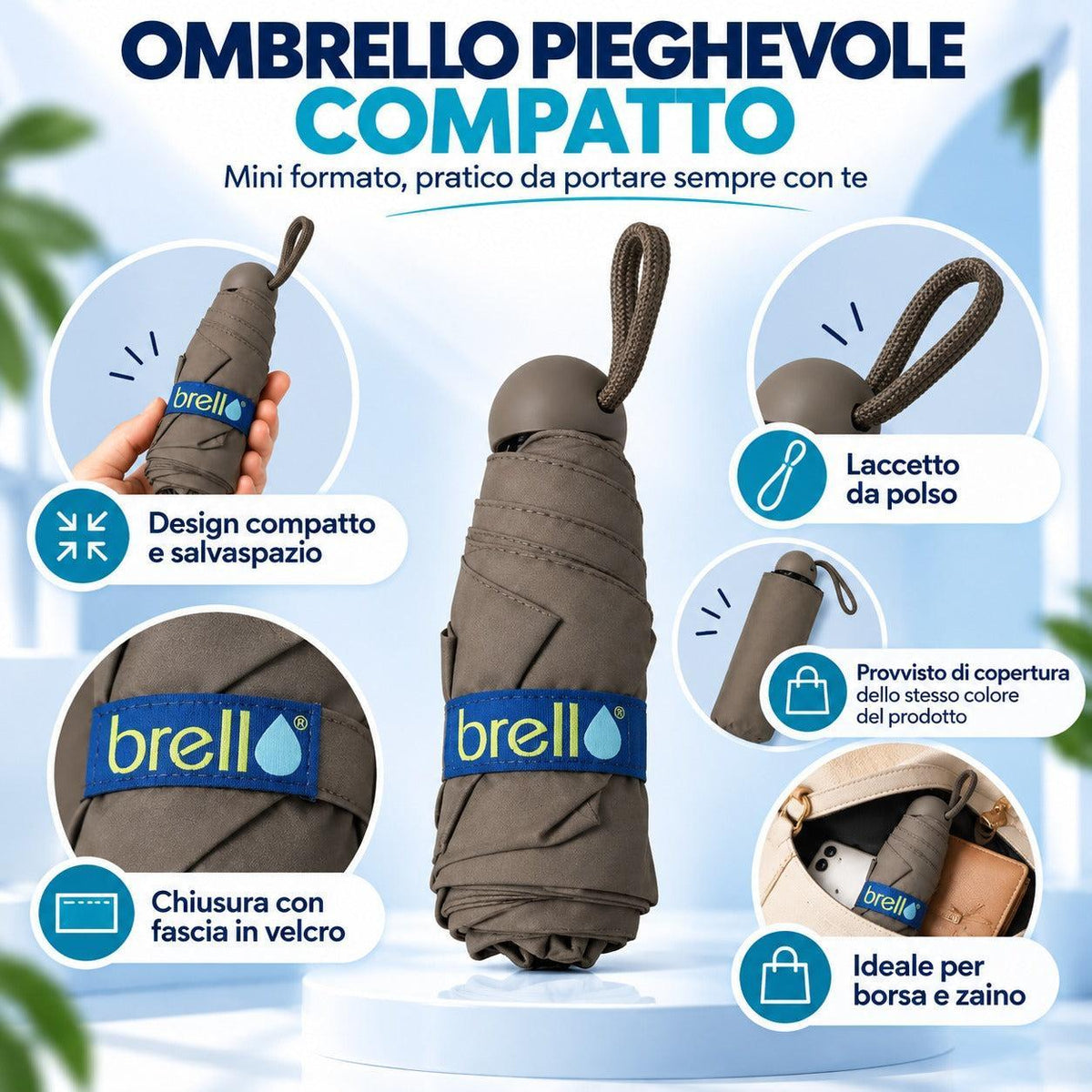Mini Ombrello Pieghevole Compatto e Tascabile Brell – Ombrello Portatile Salvaspazio con Custodia Protettiva, Laccetto da Polso e Chiusura in Velcro, Leggero e Pratico da Viaggio, Ideale per Borsa, Zaino e Uso Quotidiano