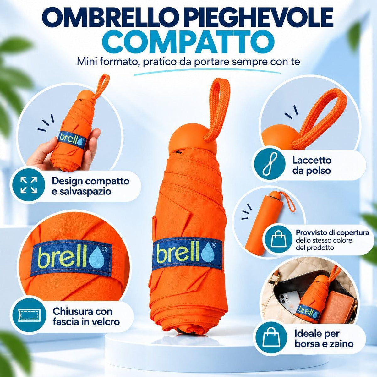 Mini Ombrello Pieghevole Compatto e Tascabile Brell – Ombrello Portatile Salvaspazio con Custodia Protettiva, Laccetto da Polso e Chiusura in Velcro, Leggero e Pratico da Viaggio, Ideale per Borsa, Zaino e Uso Quotidiano