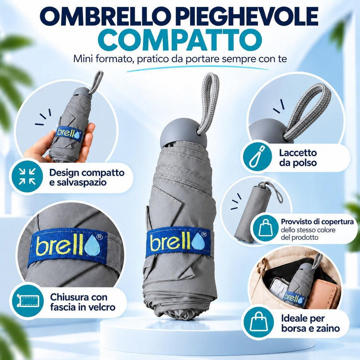 Mini Ombrello Pieghevole Compatto e Tascabile Brell – Ombrello Portatile Salvaspazio con Custodia Protettiva, Laccetto da Polso e Chiusura in Velcro, Leggero e Pratico da Viaggio, Ideale per Borsa, Zaino e Uso Quotidiano