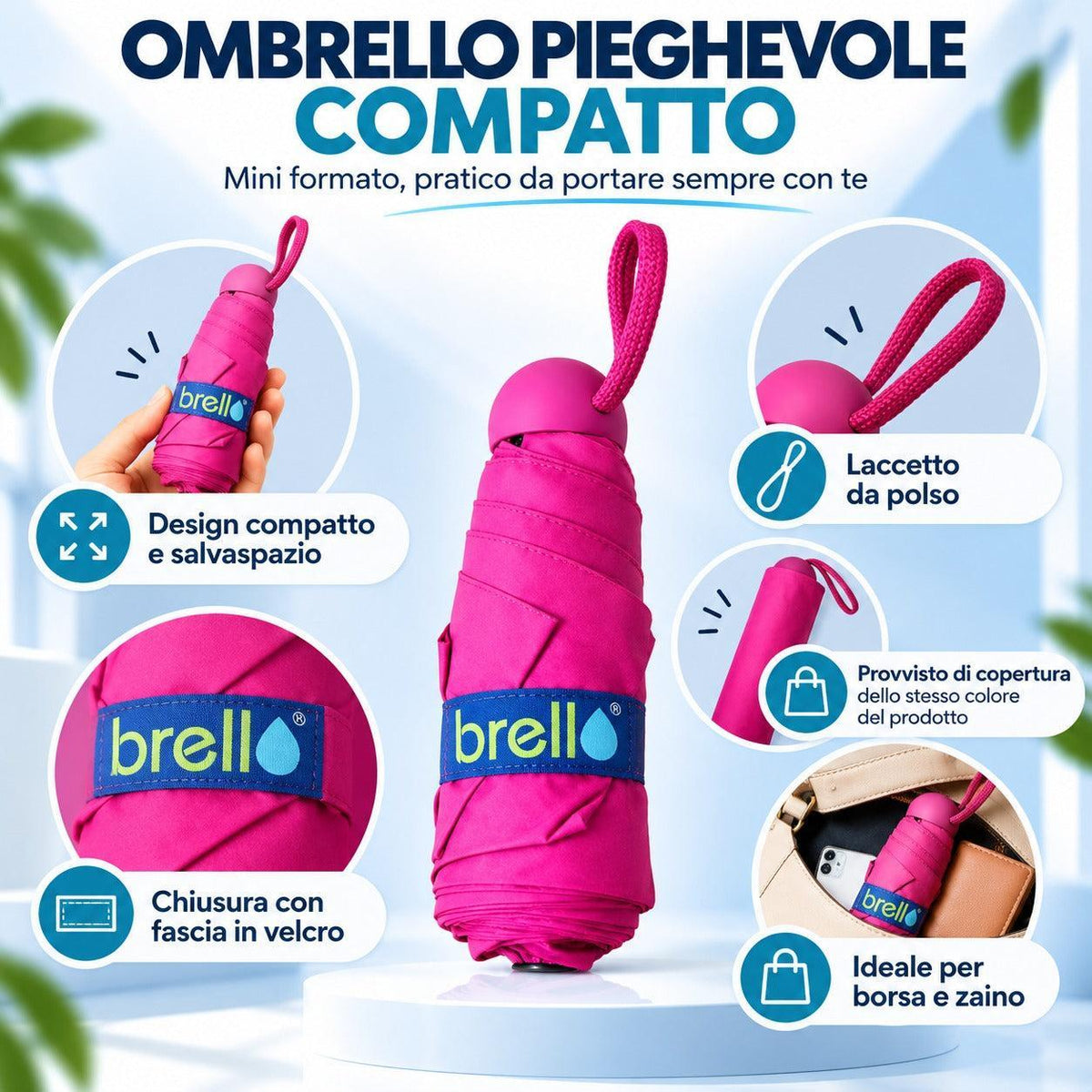 Mini Ombrello Pieghevole Compatto e Tascabile Brell – Ombrello Portatile Salvaspazio con Custodia Protettiva, Laccetto da Polso e Chiusura in Velcro, Leggero e Pratico da Viaggio, Ideale per Borsa, Zaino e Uso Quotidiano