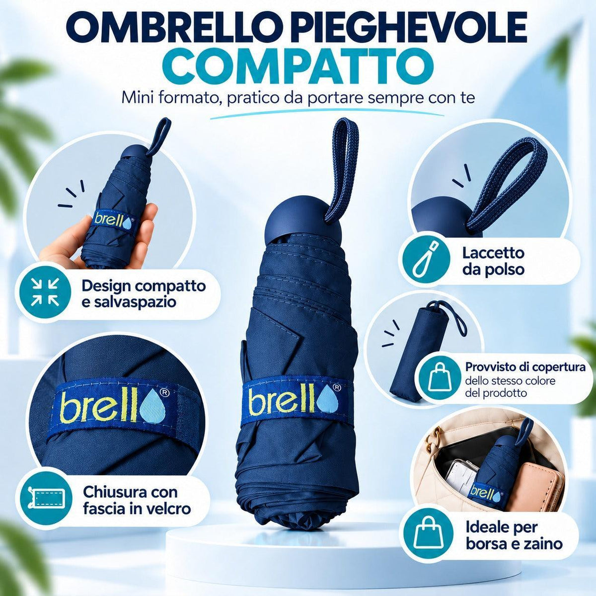 Mini Ombrello Pieghevole Compatto e Tascabile Brell – Ombrello Portatile Salvaspazio con Custodia Protettiva, Laccetto da Polso e Chiusura in Velcro, Leggero e Pratico da Viaggio, Ideale per Borsa, Zaino e Uso Quotidiano