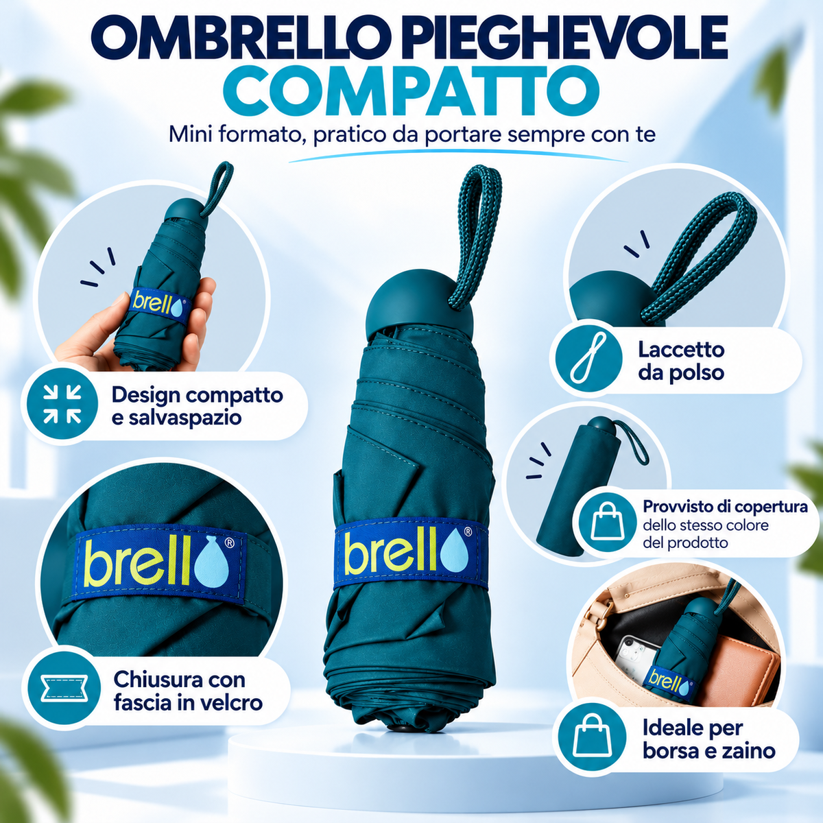 Mini Ombrello Pieghevole Compatto e Tascabile Brell – Ombrello Portatile Salvaspazio con Custodia Protettiva, Laccetto da Polso e Chiusura in Velcro, Leggero e Pratico da Viaggio, Ideale per Borsa, Zaino e Uso Quotidiano
