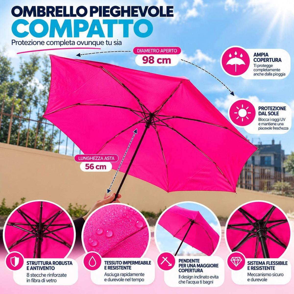 Mini Ombrello Pieghevole Compatto e Tascabile Brell – Ombrello Portatile Salvaspazio con Custodia Protettiva, Laccetto da Polso e Chiusura in Velcro, Leggero e Pratico da Viaggio, Ideale per Borsa, Zaino e Uso Quotidiano