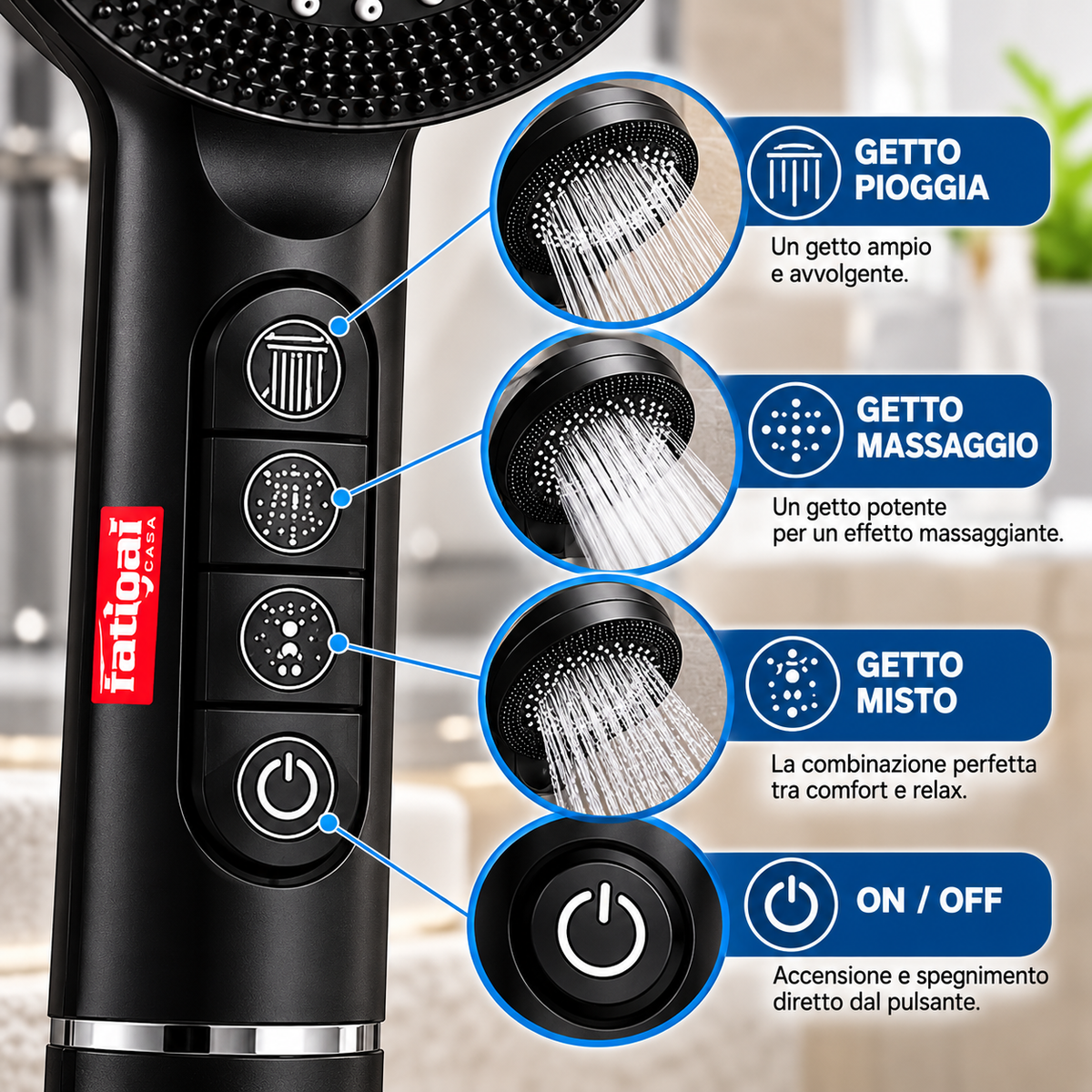 Set doccia con pulsanti regolabili