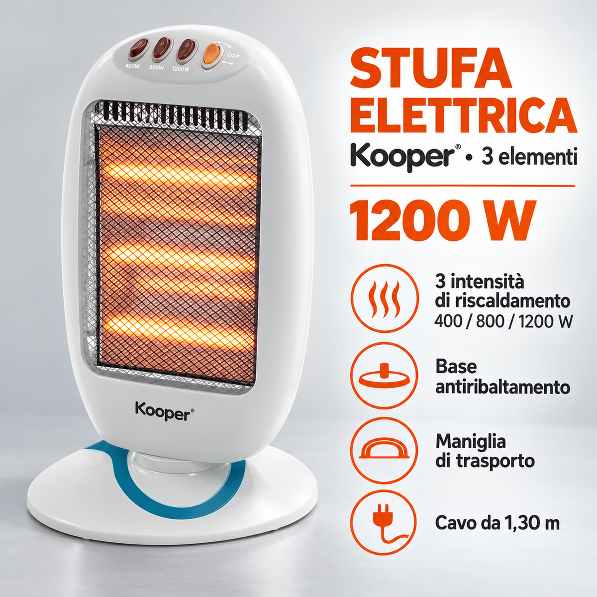 Stufa elettrica Kooper 1200 W a 3 elementi – 3 livelli di riscaldamento e base antiribaltamento
