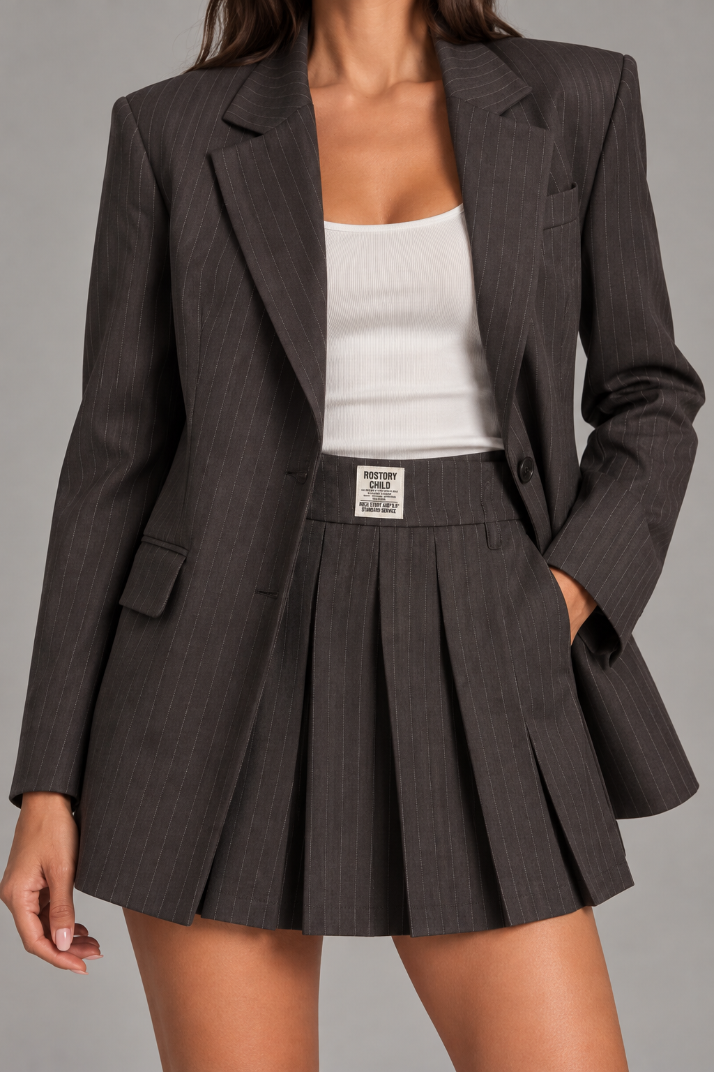 Tailleur Donna Gessato con Blazer e Gonna Plissettata