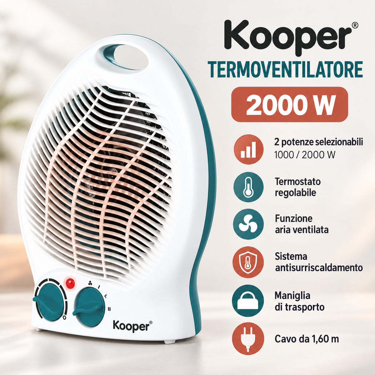 Termoventilatore Kooper 2000 W con termostato regolabile e 2 livelli di potenza