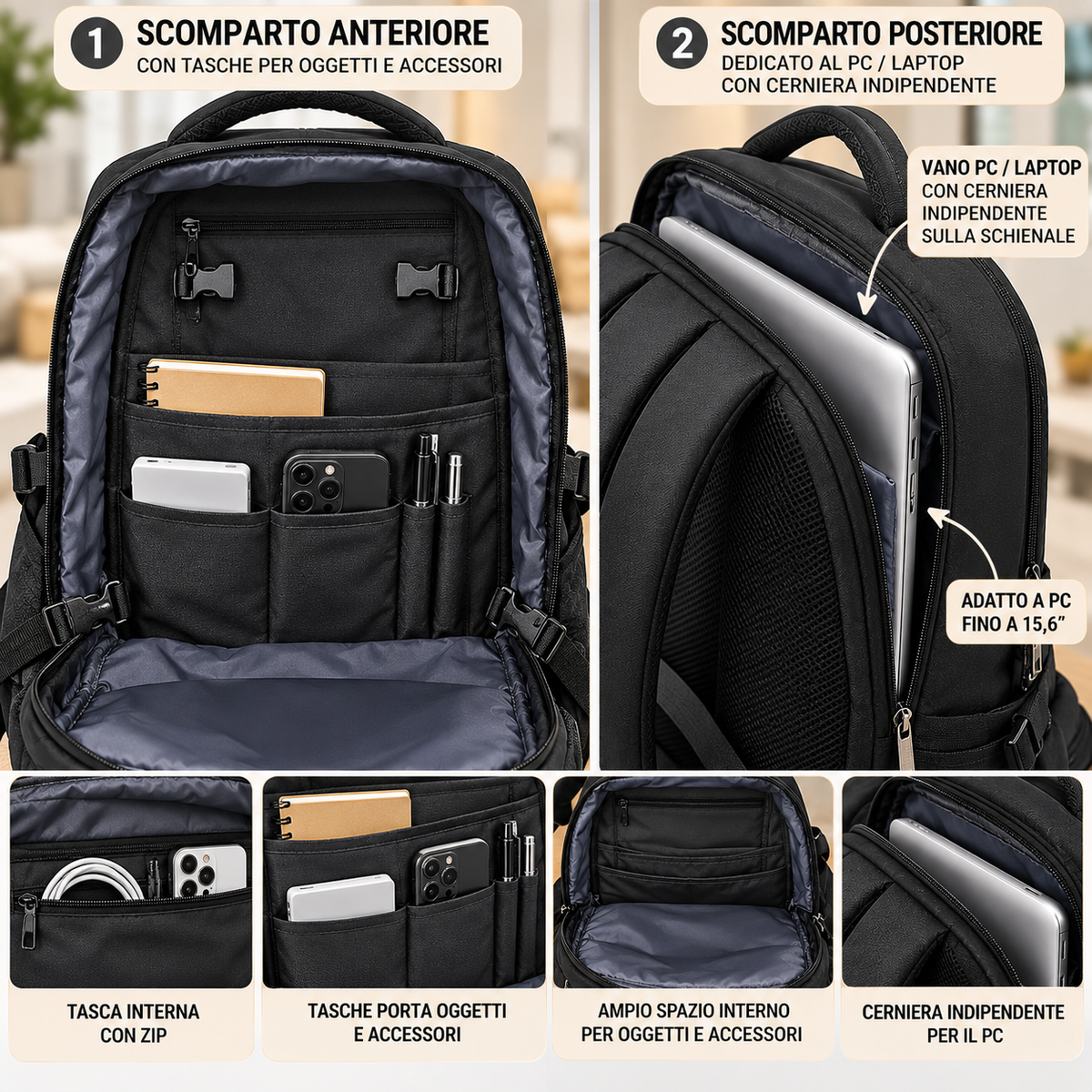Zaino OR&MI da Viaggio e Lavoro, Porta PC con Tasche Multiple, Capiente, Impermeabile, Ideale per Università, Ufficio e Viaggi