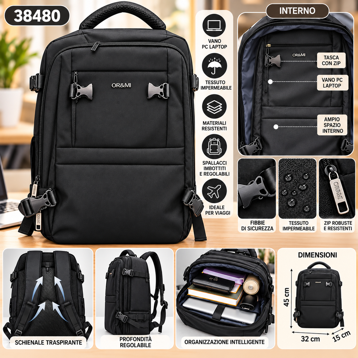 Zaino OR&MI da Viaggio e Lavoro, Porta PC con Tasche Multiple, Capiente, Impermeabile, Ideale per Università, Ufficio e Viaggi
