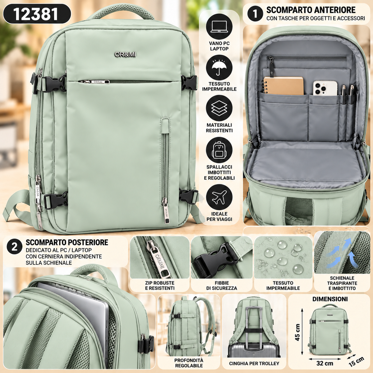 Zaino da Viaggio OR&MI 12381 Multiscomparto con Vano PC Separato, Tasche Organizzate e Schienale Traspirante