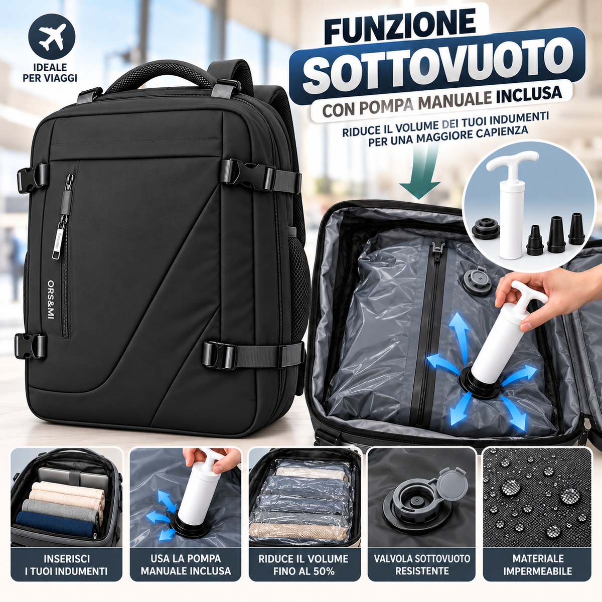 Zaino da Viaggio Sottovuoto 2 in 1 – Salvaspazio con Pompa Manuale